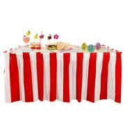 JGF844 Red And White Stripe Table Skirt Carnival Theme Waterproof Outdoor Table Skirt For Rectangular Tables Circus Themed Table Decoration